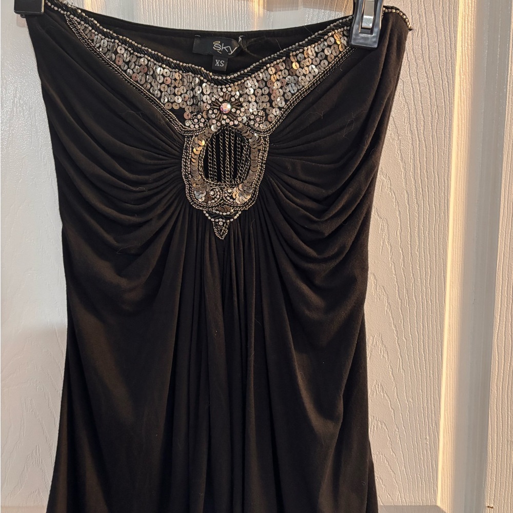 Sky Black Strapless Evening Tank with Silver Beaded Neckline